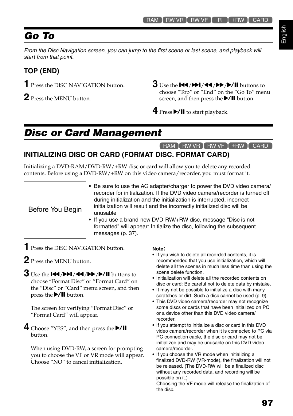 Go to, Disc or card management | Hitachi DZ-GX5020A User Manual | Page 97 / 158