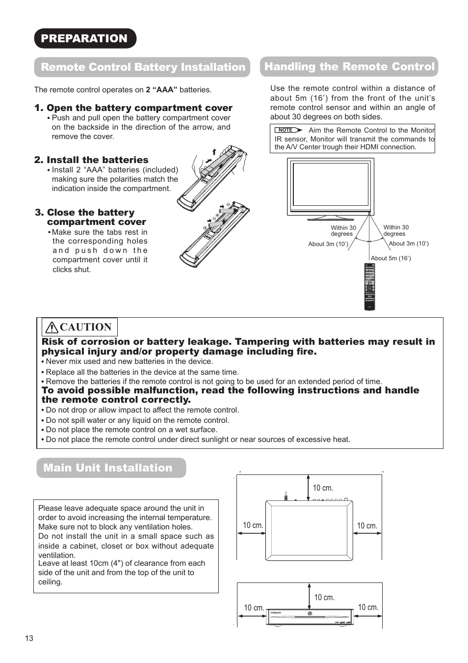 Main unit installation, Handling the remote control | Hitachi AVC01U User Manual | Page 14 / 41