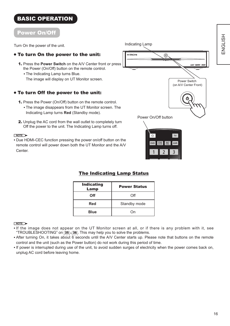 Basic operation power on/off | Hitachi AVC01U User Manual | Page 17 / 41