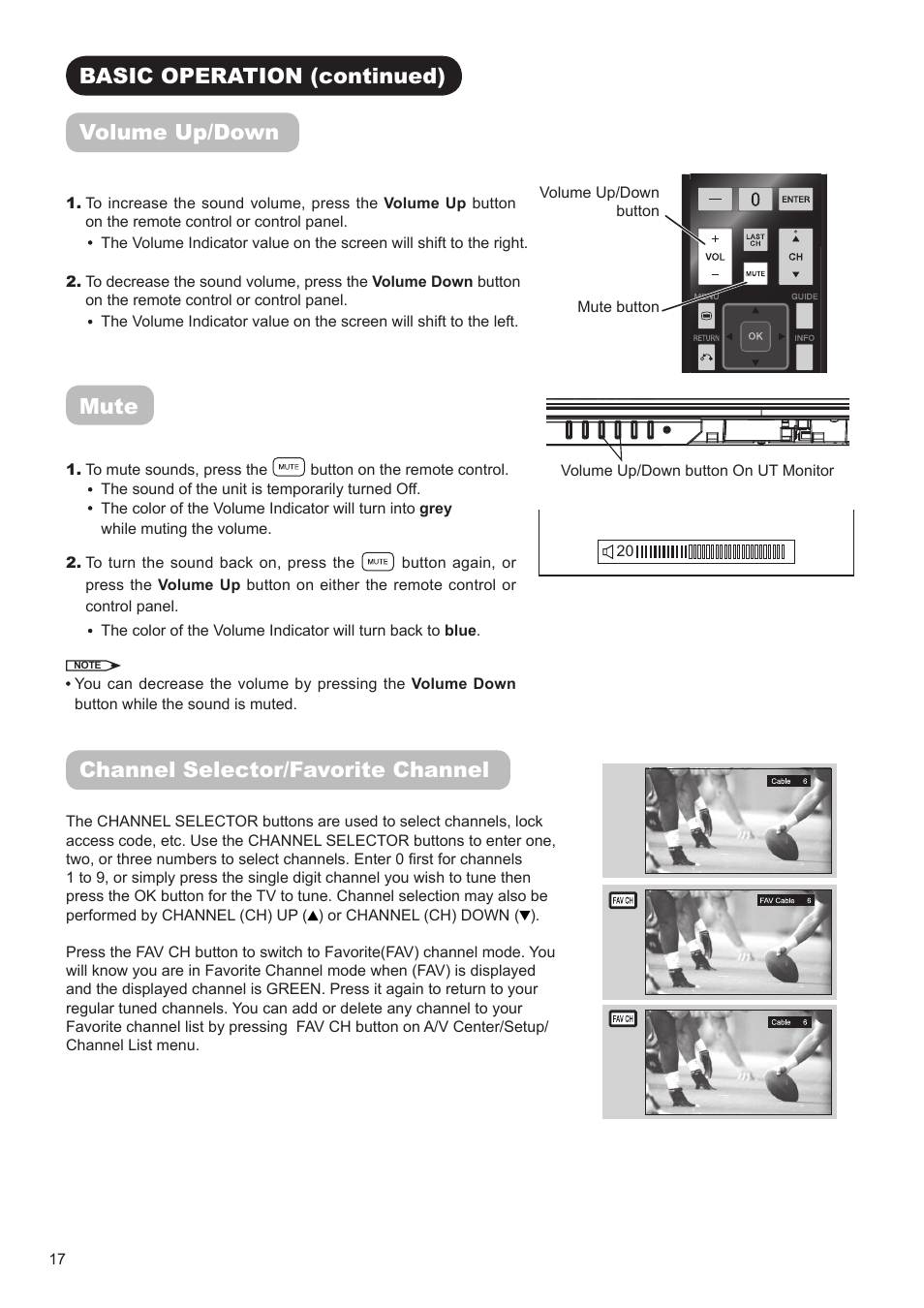 Basic operation (continued) volume up/down, Mute, Channel selector/favorite channel | Hitachi AVC01U User Manual | Page 18 / 41