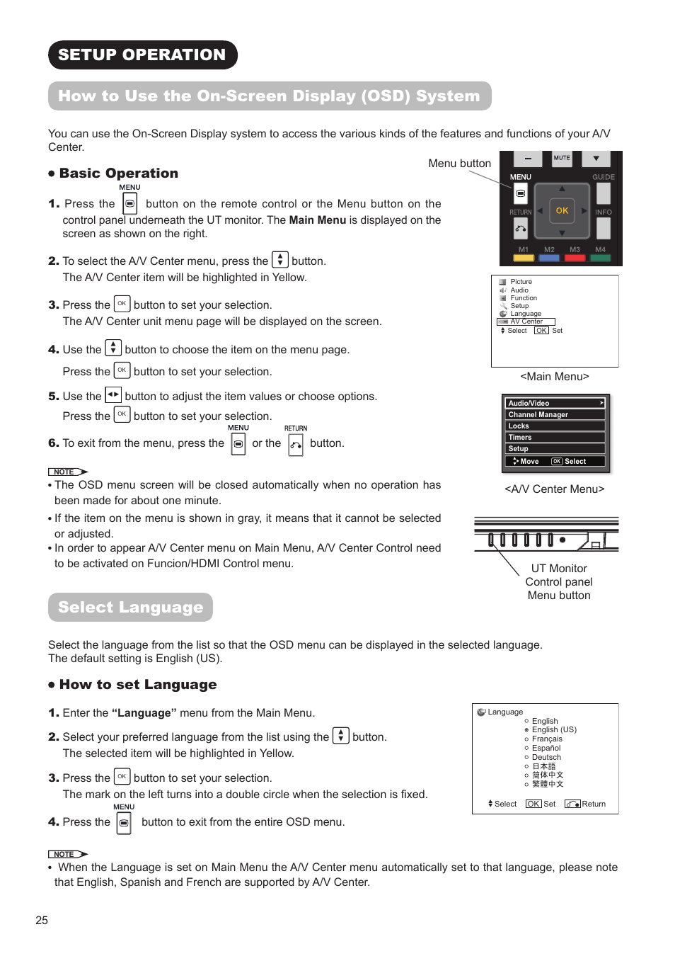 Select language, Basic operation, How to set language | Hitachi AVC01U User Manual | Page 26 / 41