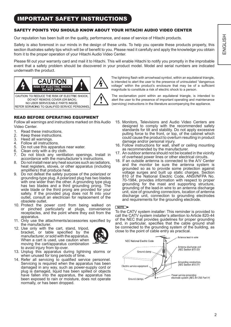 Important safety instructions | Hitachi AVC01U User Manual | Page 3 / 41