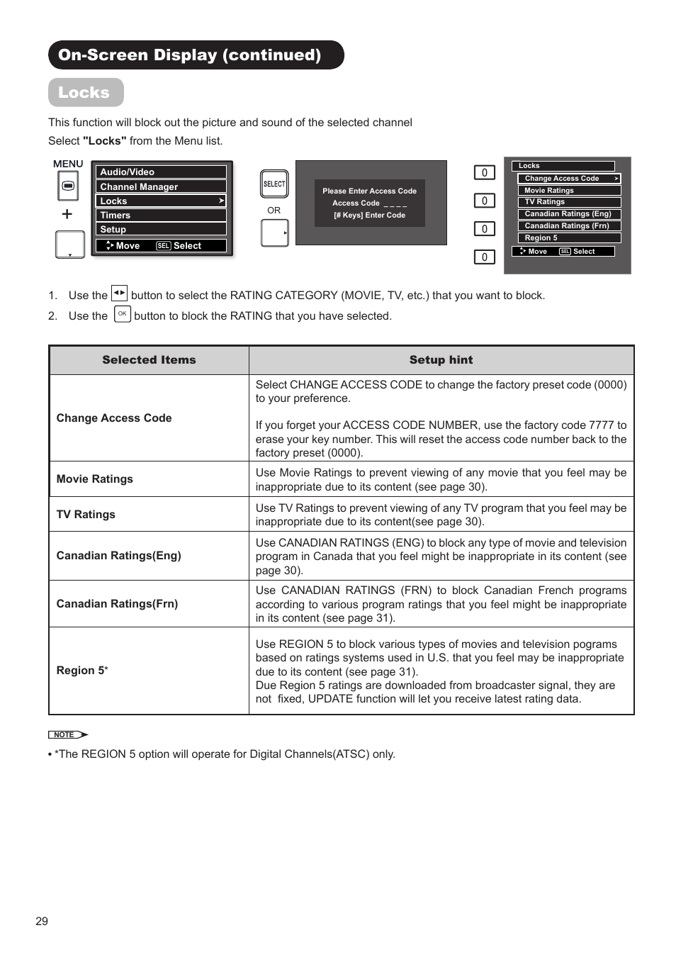 On-screen display (continued) locks | Hitachi AVC01U User Manual | Page 30 / 41