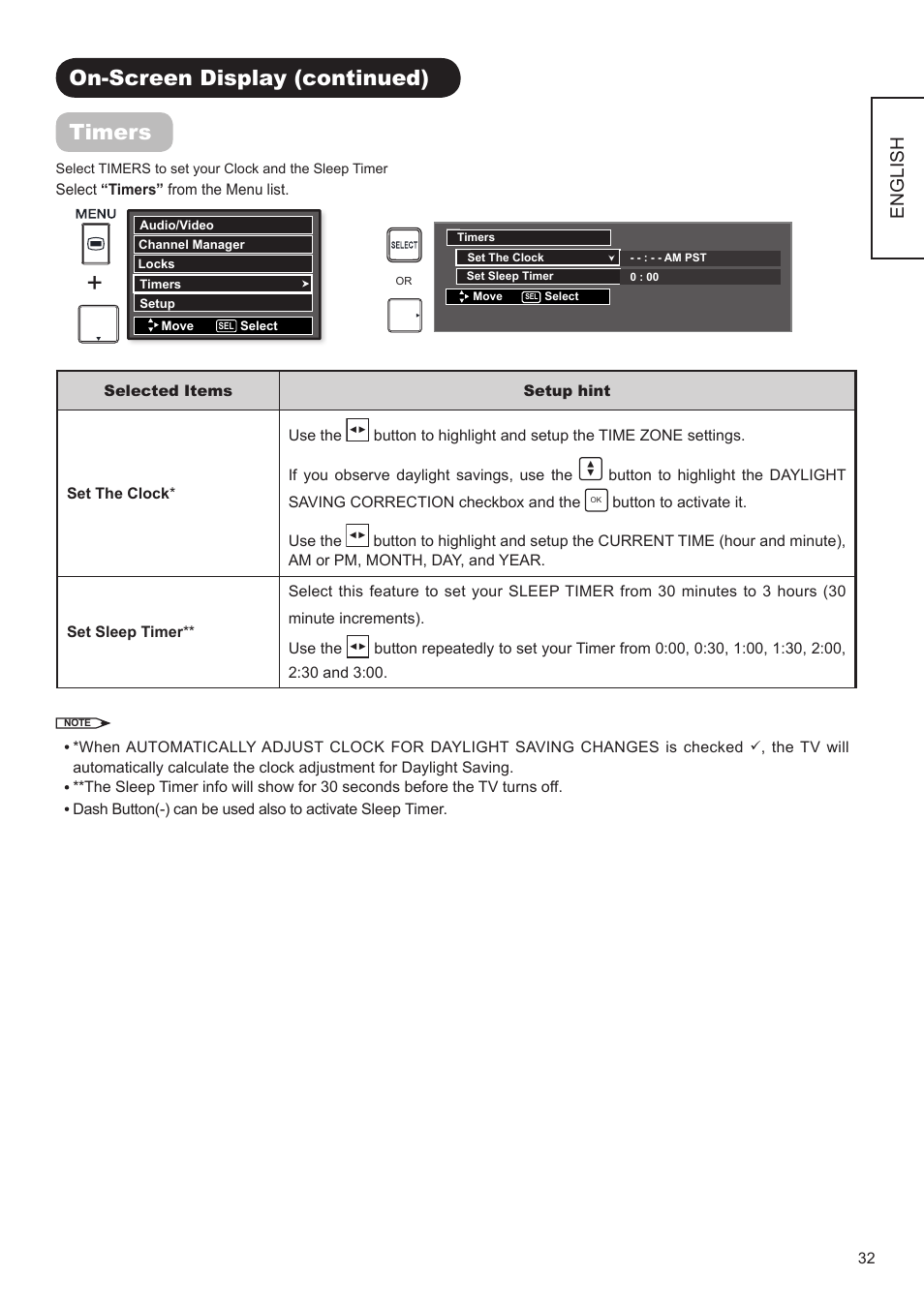 On-screen display (continued) timers, English | Hitachi AVC01U User Manual | Page 33 / 41