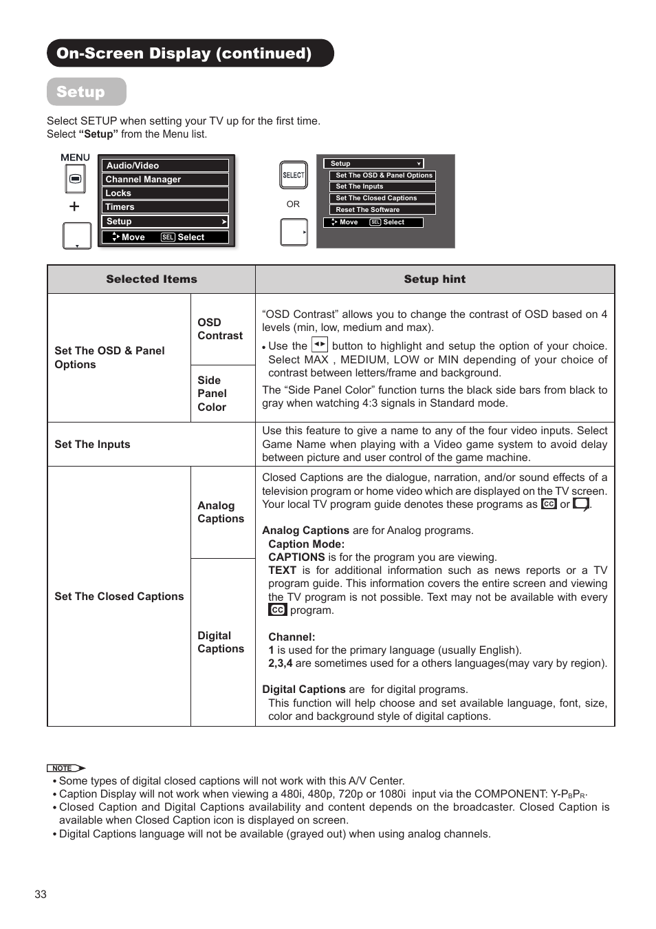 On-screen display (continued) setup | Hitachi AVC01U User Manual | Page 34 / 41