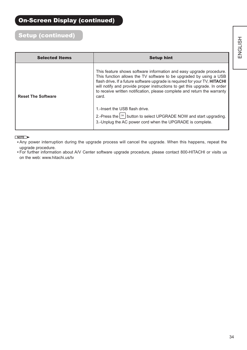 On-screen display (continued) setup (continued) | Hitachi AVC01U User Manual | Page 35 / 41
