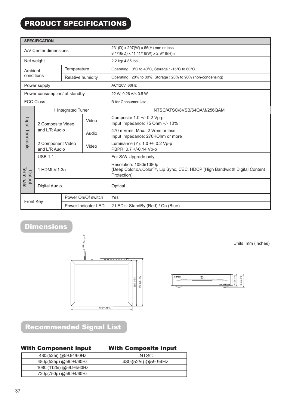 Product specifications, Dimensions, Recommended signal list | With component input with composite input | Hitachi AVC01U User Manual | Page 38 / 41
