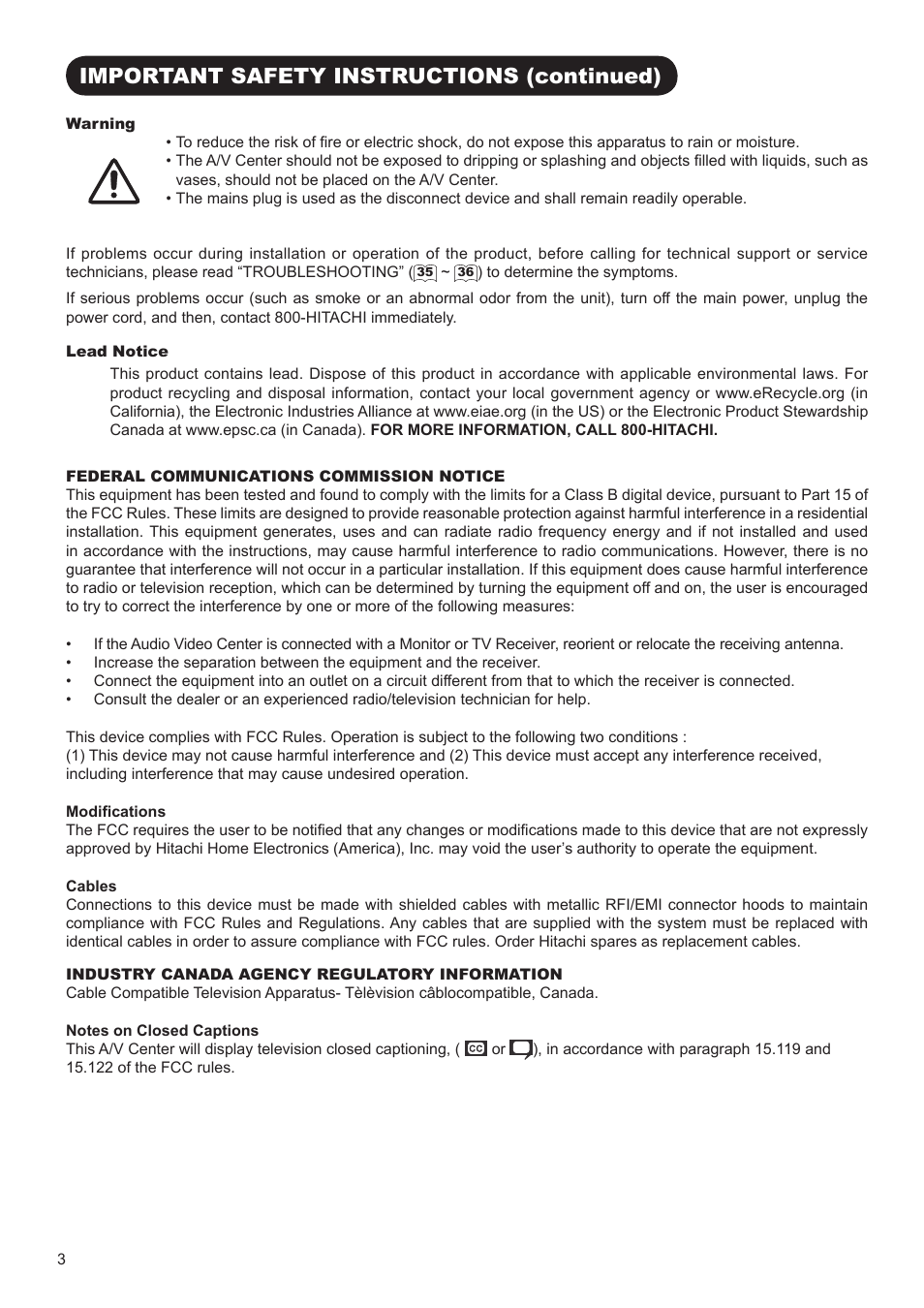 Important safety instructions (continued) | Hitachi AVC01U User Manual | Page 4 / 41