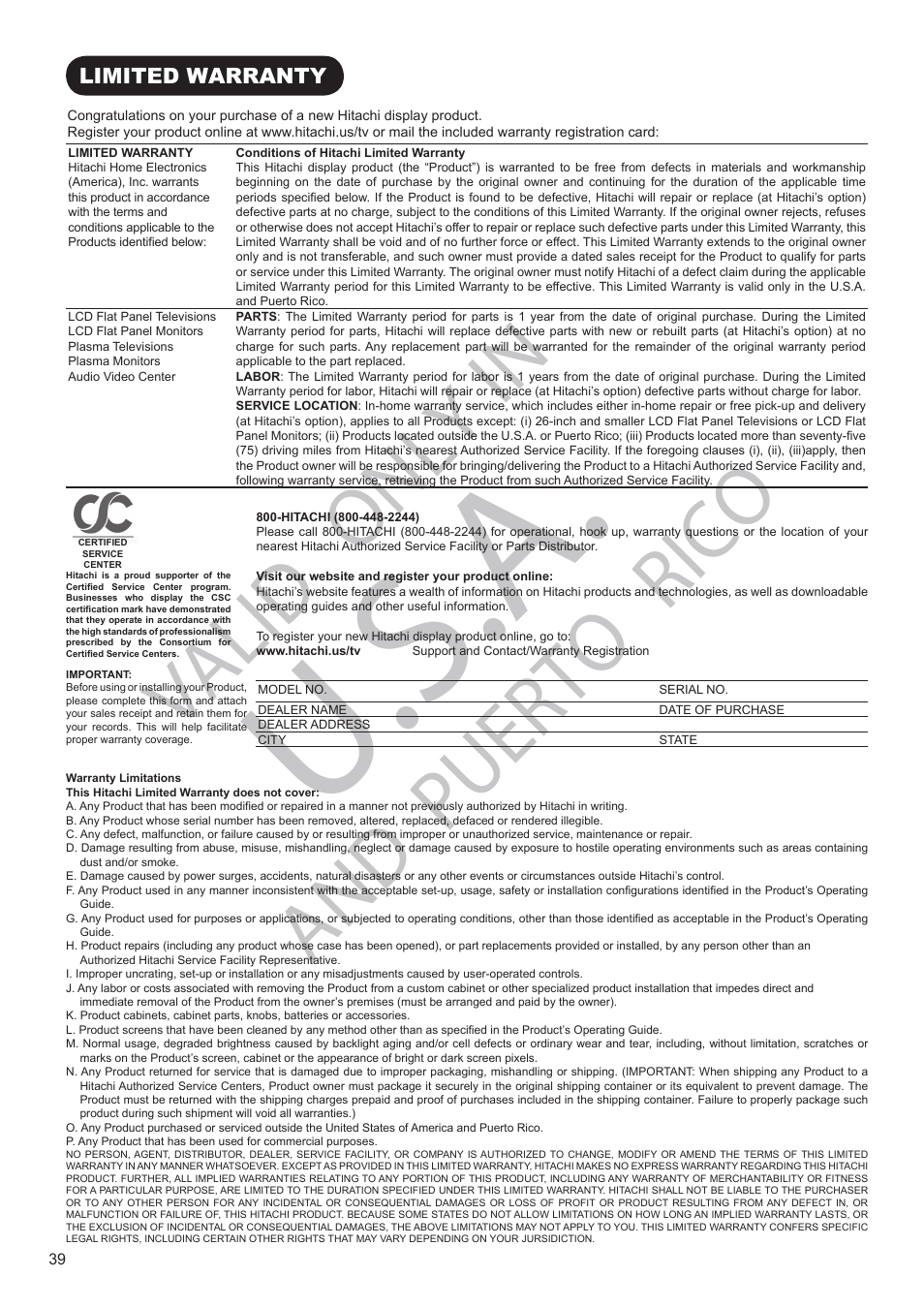 U.s.a, Puerto, Alid | Rico | Hitachi AVC01U User Manual | Page 40 / 41