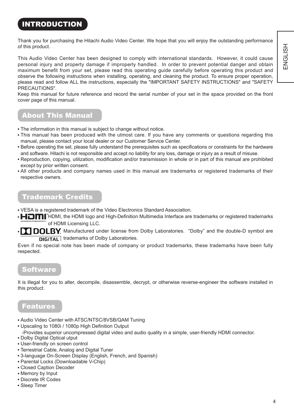 Introduction, About this manual, Trademark credits | Software, Features | Hitachi AVC01U User Manual | Page 5 / 41