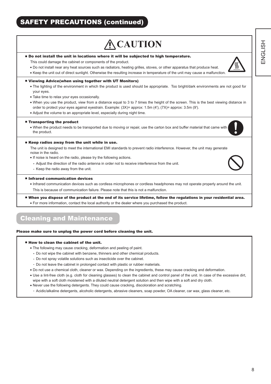 Caution, Safety precautions (continued), Cleaning and maintenance | English | Hitachi AVC01U User Manual | Page 9 / 41