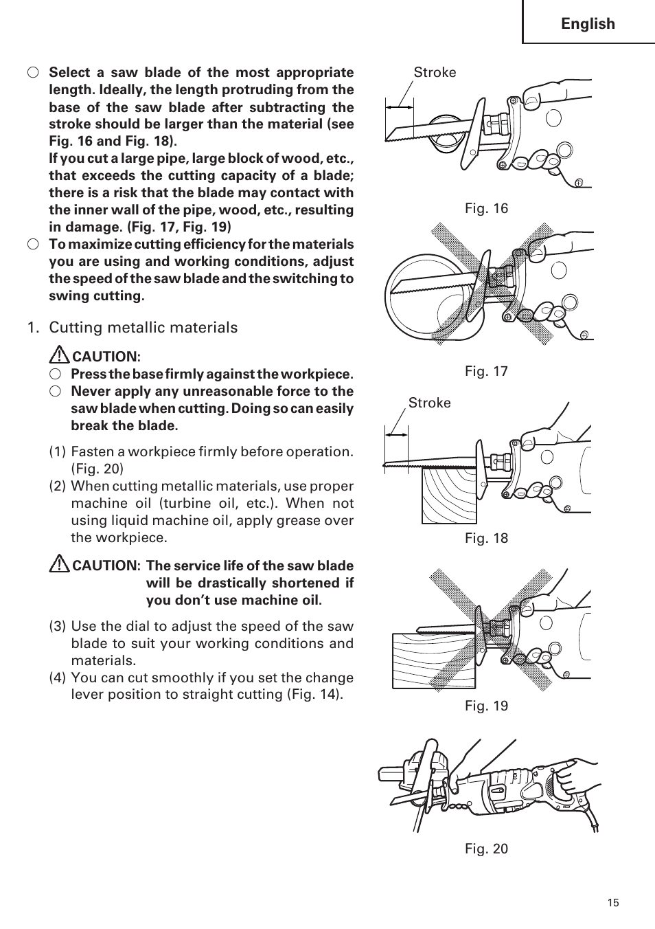 English, Cutting metallic materials, Fig. 18 stroke | Hitachi CR 13VA User Manual | Page 15 / 60
