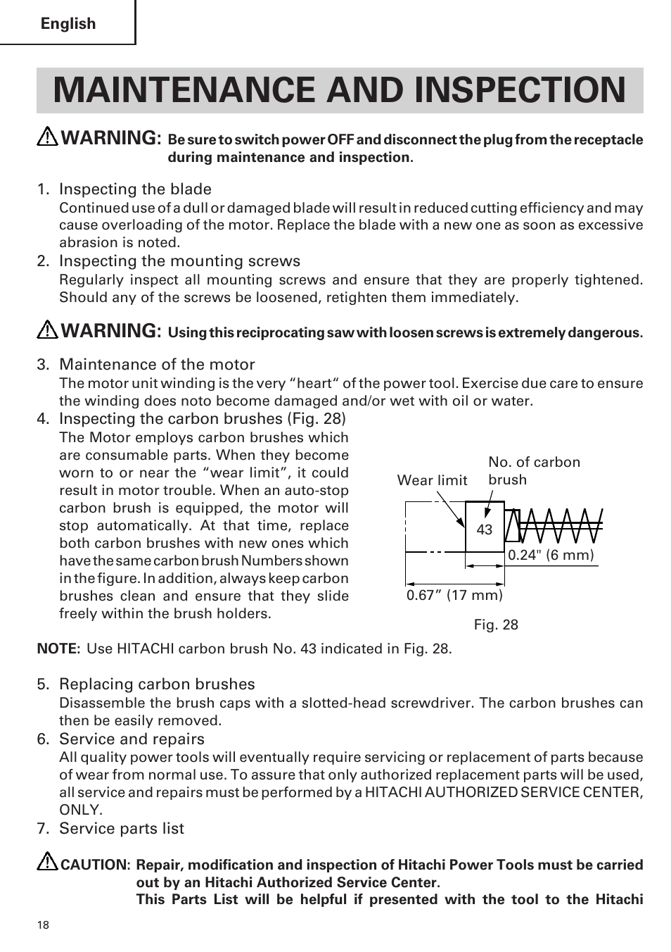 Maintenance and inspection, Warning | Hitachi CR 13VA User Manual | Page 18 / 60