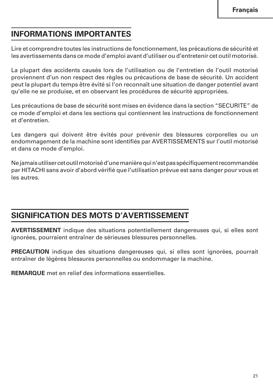 Informations importantes, Signification des mots d’avertissement | Hitachi CR 13VA User Manual | Page 21 / 60