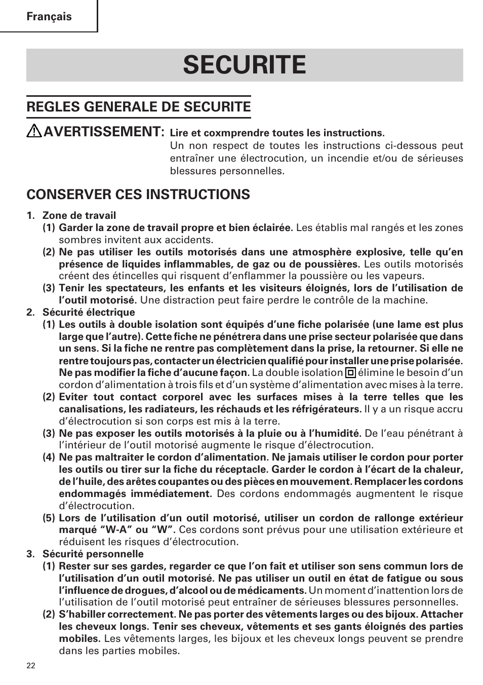 Securite, Regles generale de securite avertissement, Conserver ces instructions | Hitachi CR 13VA User Manual | Page 22 / 60