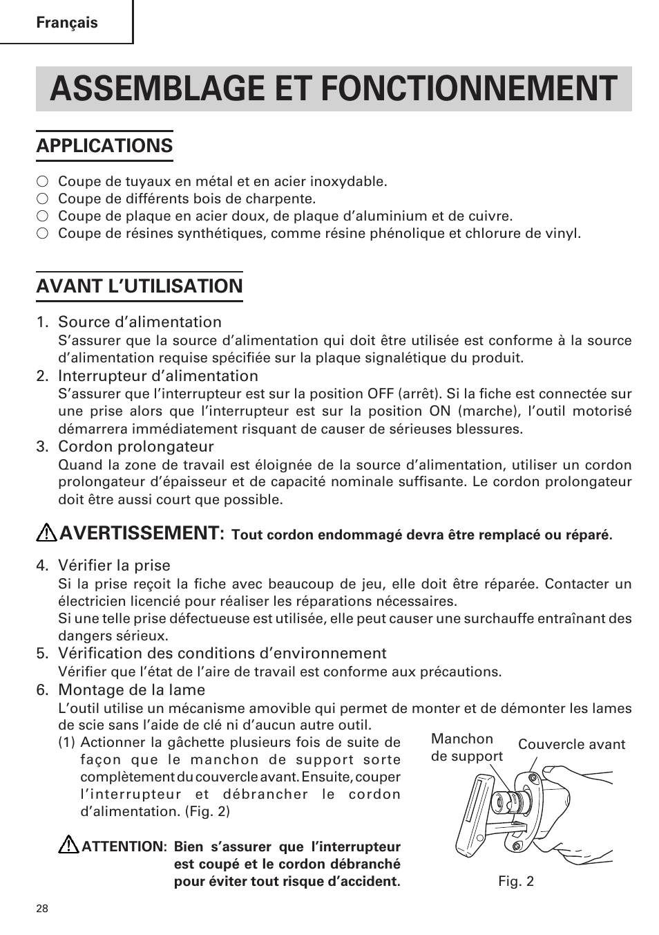 Assemblage et fonctionnement, Applications, Avant l’utilisation | Avertissement | Hitachi CR 13VA User Manual | Page 28 / 60