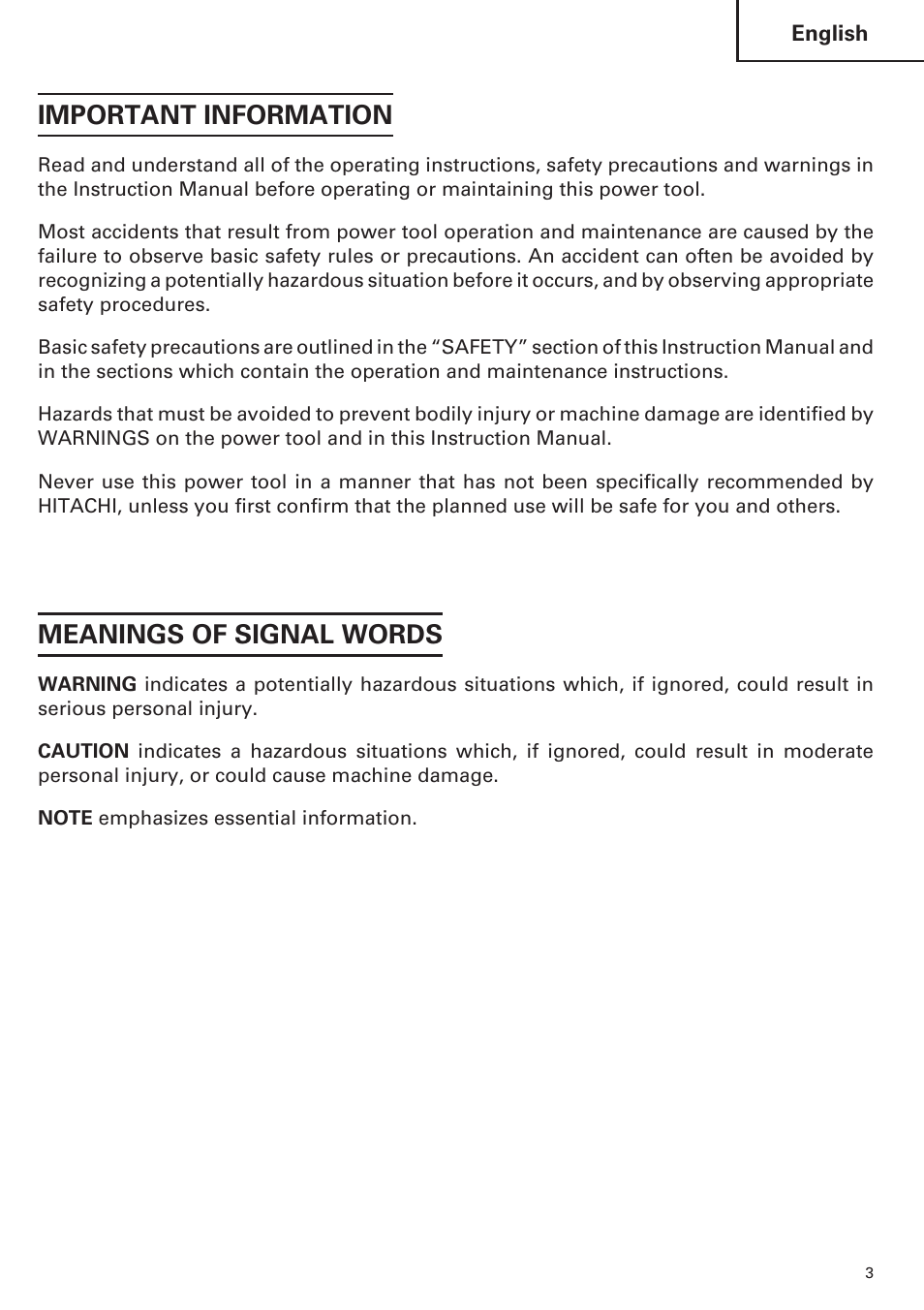 Important information, Meanings of signal words | Hitachi CR 13VA User Manual | Page 3 / 60