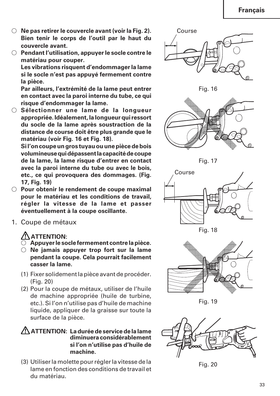 Français, Coupe de métaux, Fig. 18 course fig. 16 course | Fig. 17 fig. 20 | Hitachi CR 13VA User Manual | Page 33 / 60