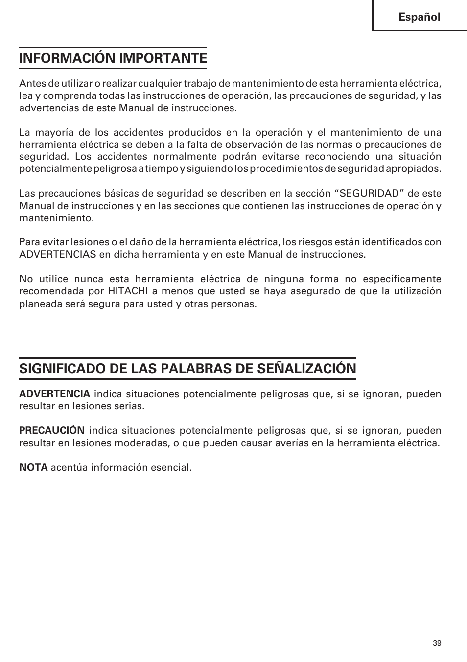 Información importante, Significado de las palabras de señalización | Hitachi CR 13VA User Manual | Page 39 / 60