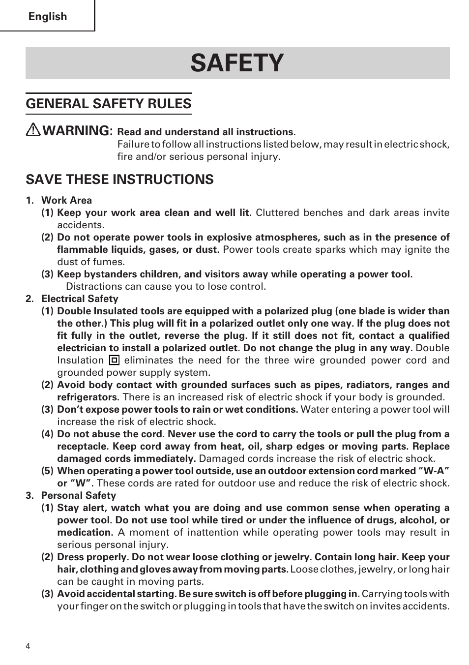 Safety, General safety rules warning, Save these instructions | Hitachi CR 13VA User Manual | Page 4 / 60