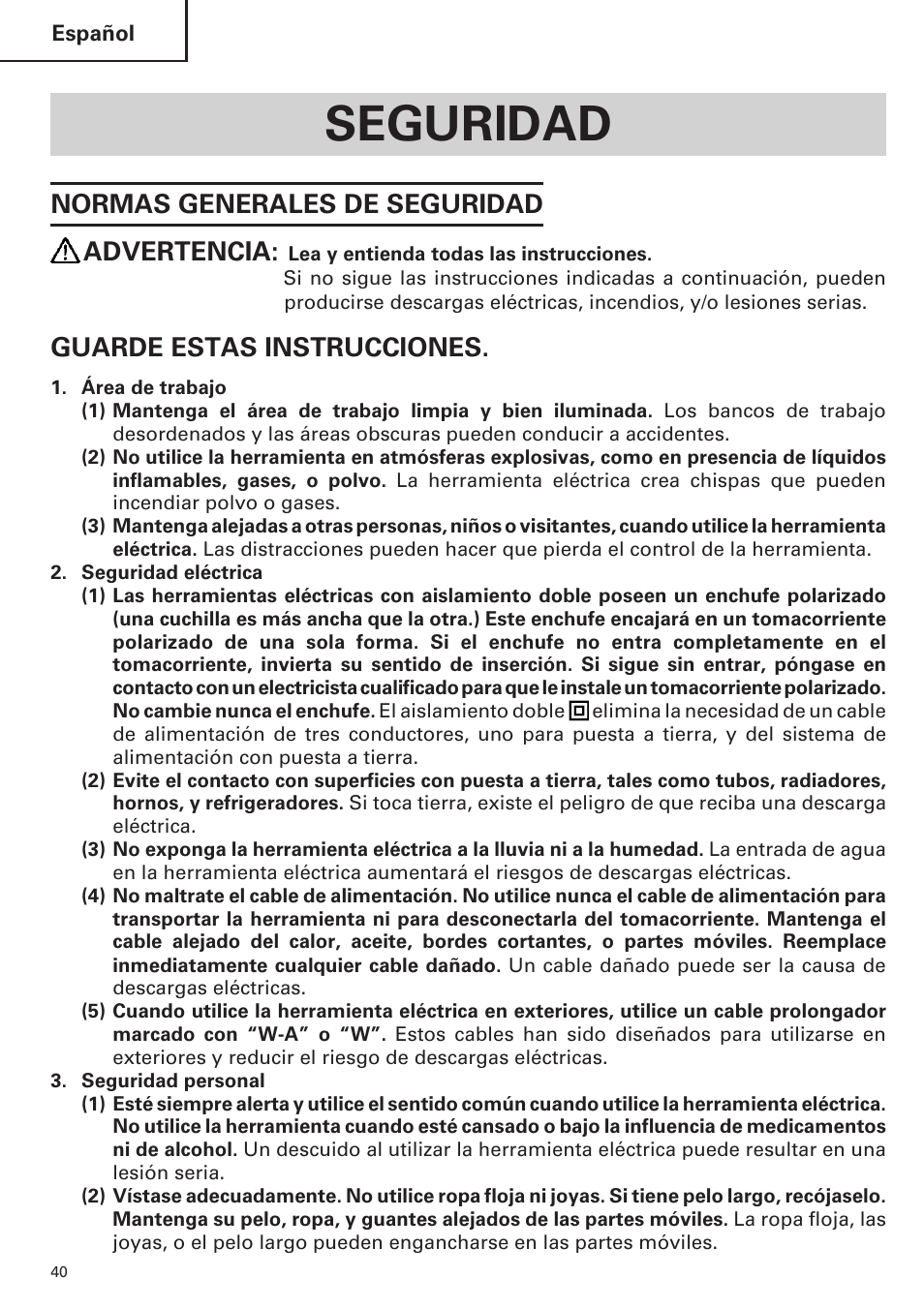 Seguridad, Normas generales de seguridad advertencia, Guarde estas instrucciones | Hitachi CR 13VA User Manual | Page 40 / 60