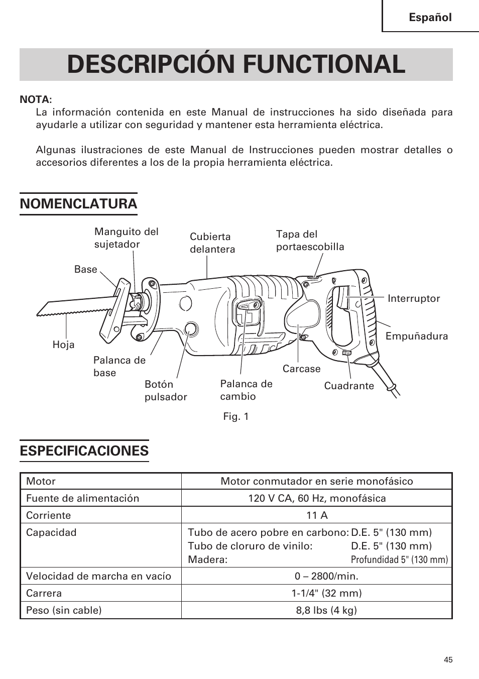 Descripción functional, Nomenclatura, Especificaciones | Hitachi CR 13VA User Manual | Page 45 / 60