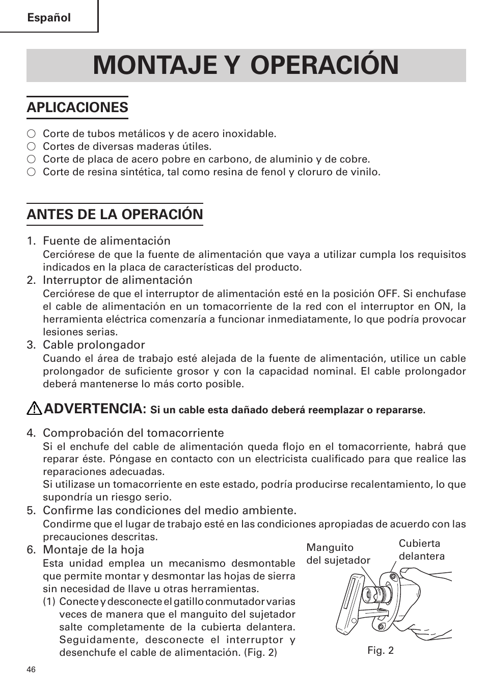 Montaje y operación, Aplicaciones, Antes de la operación | Advertencia | Hitachi CR 13VA User Manual | Page 46 / 60