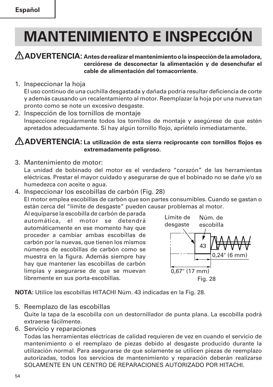 Mantenimiento e inspección, Advertencia | Hitachi CR 13VA User Manual | Page 54 / 60
