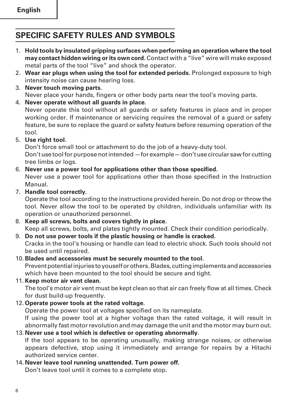 Specific safety rules and symbols | Hitachi CR 13VA User Manual | Page 6 / 60