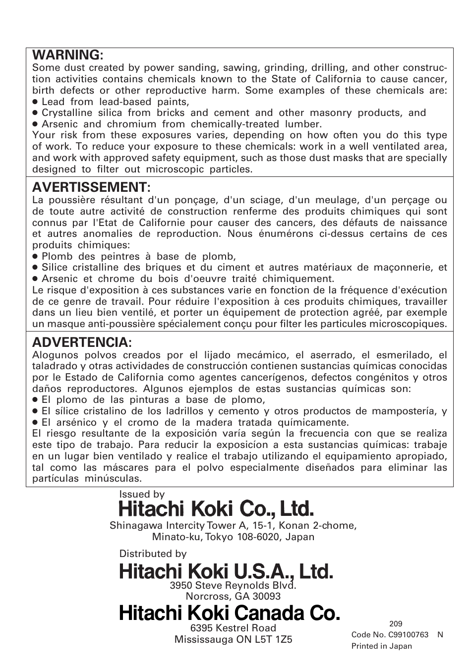 Hitachi koki canada co, Warning, Avertissement | Advertencia | Hitachi CR 13VA User Manual | Page 60 / 60