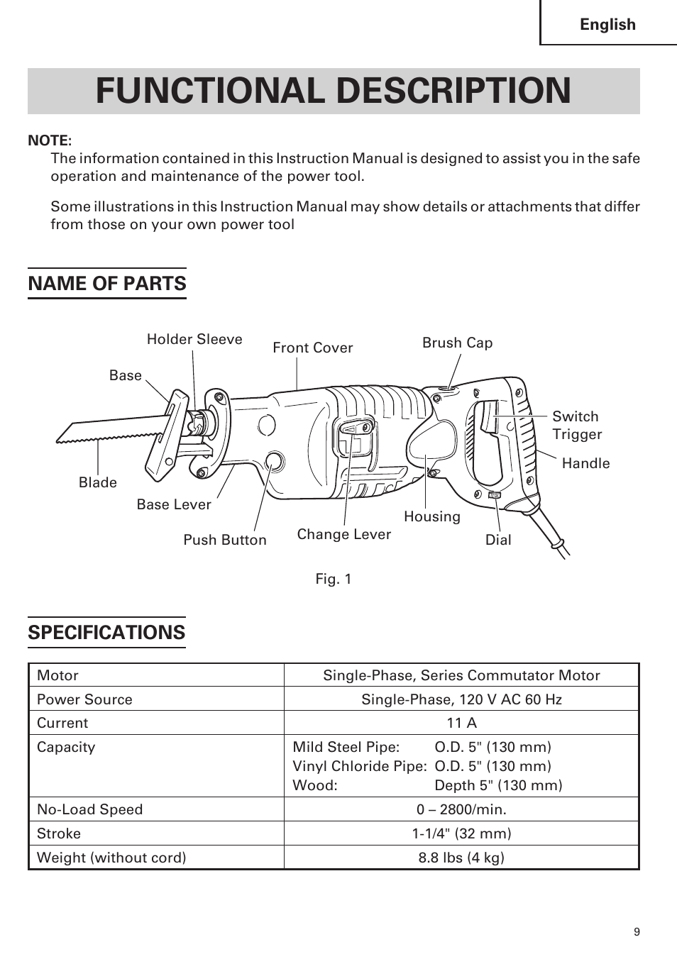 Functional description, Name of parts, Specifications | Hitachi CR 13VA User Manual | Page 9 / 60