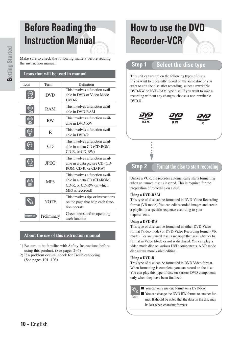 Getting started, 10 - english | Hitachi DVRF7U User Manual | Page 10 / 120
