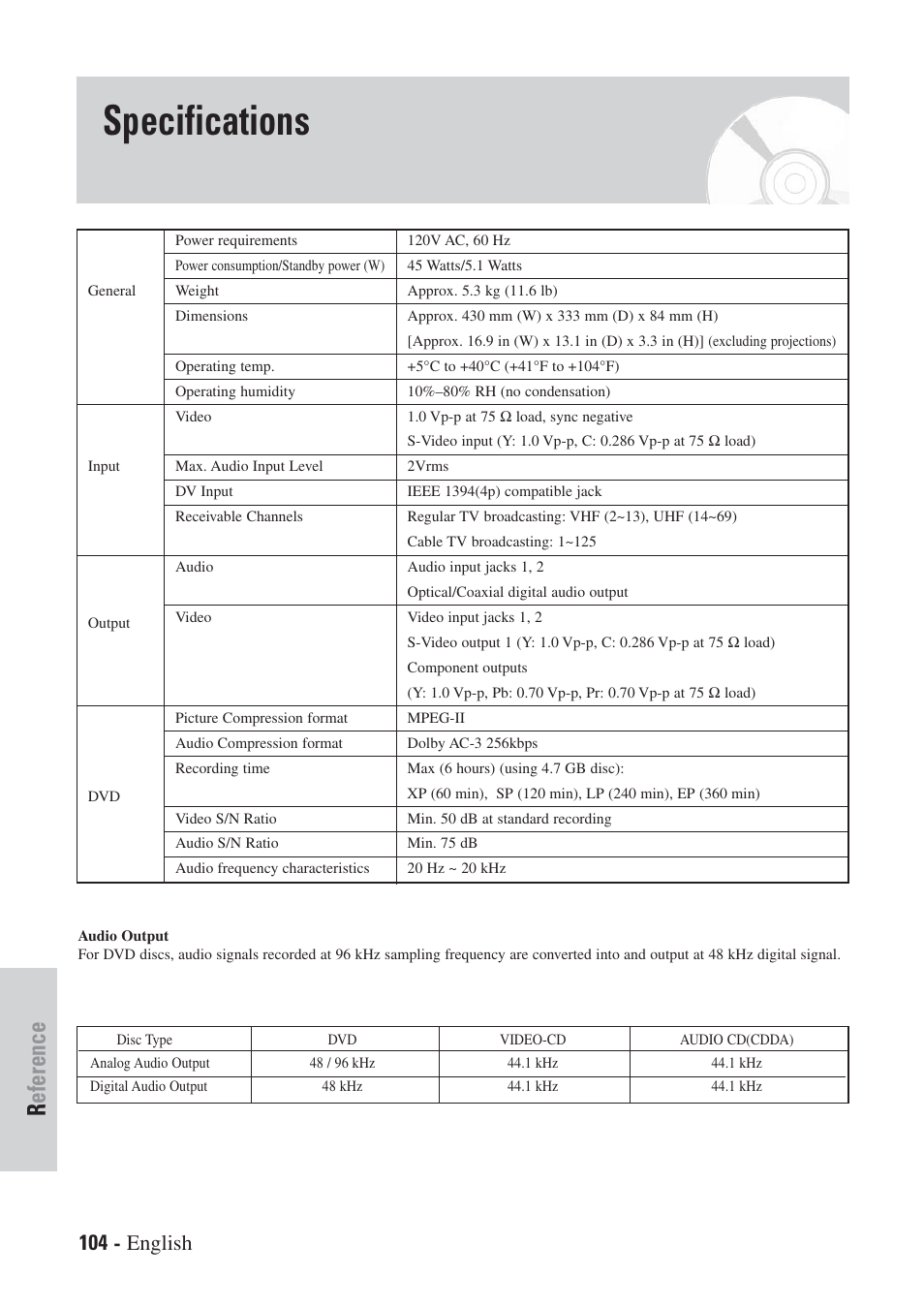 Specifications, Reference, 104 - english | Hitachi DVRF7U User Manual | Page 104 / 120