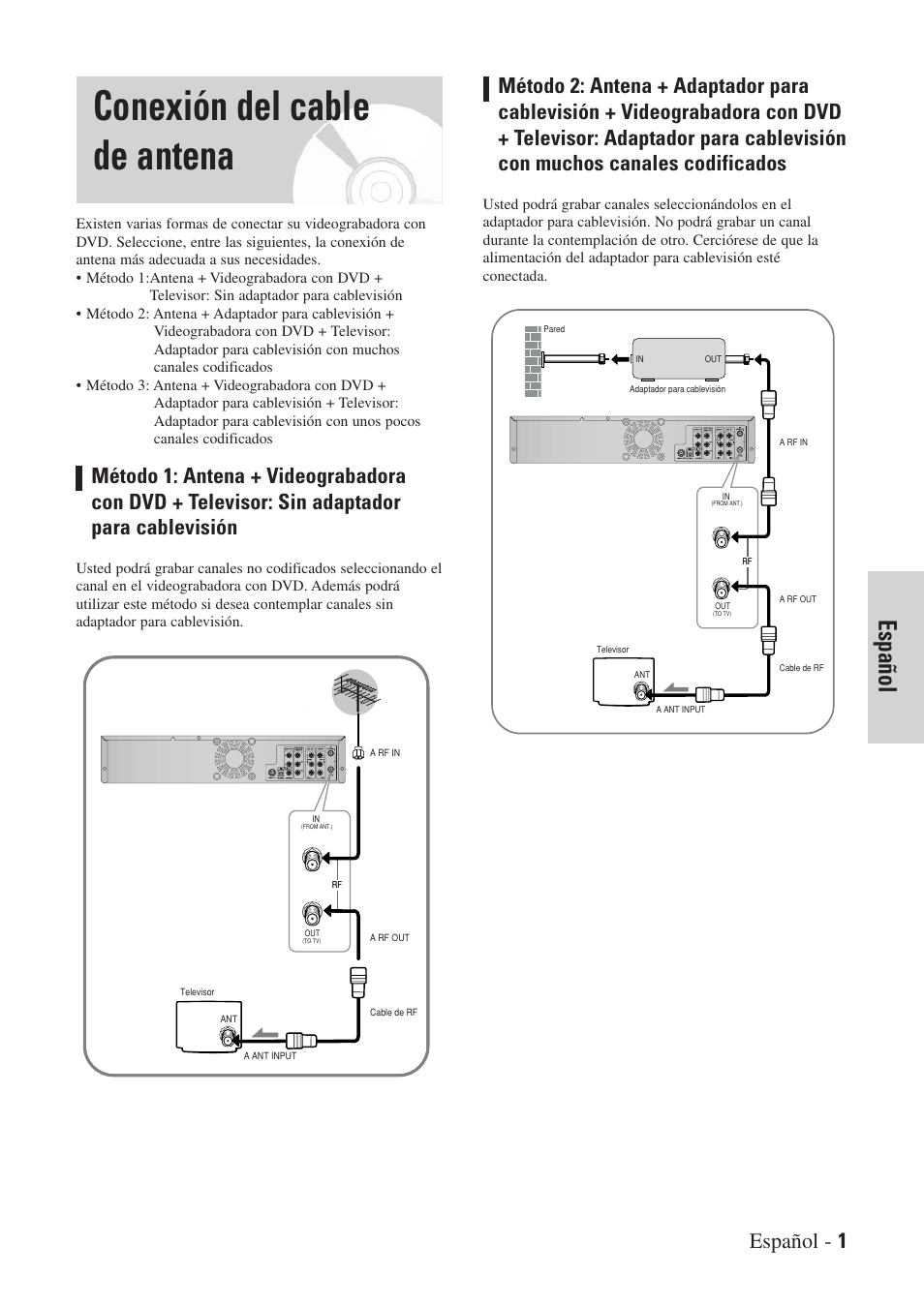 Conexión del cable de antena, Español | Hitachi DVRF7U User Manual | Page 105 / 120