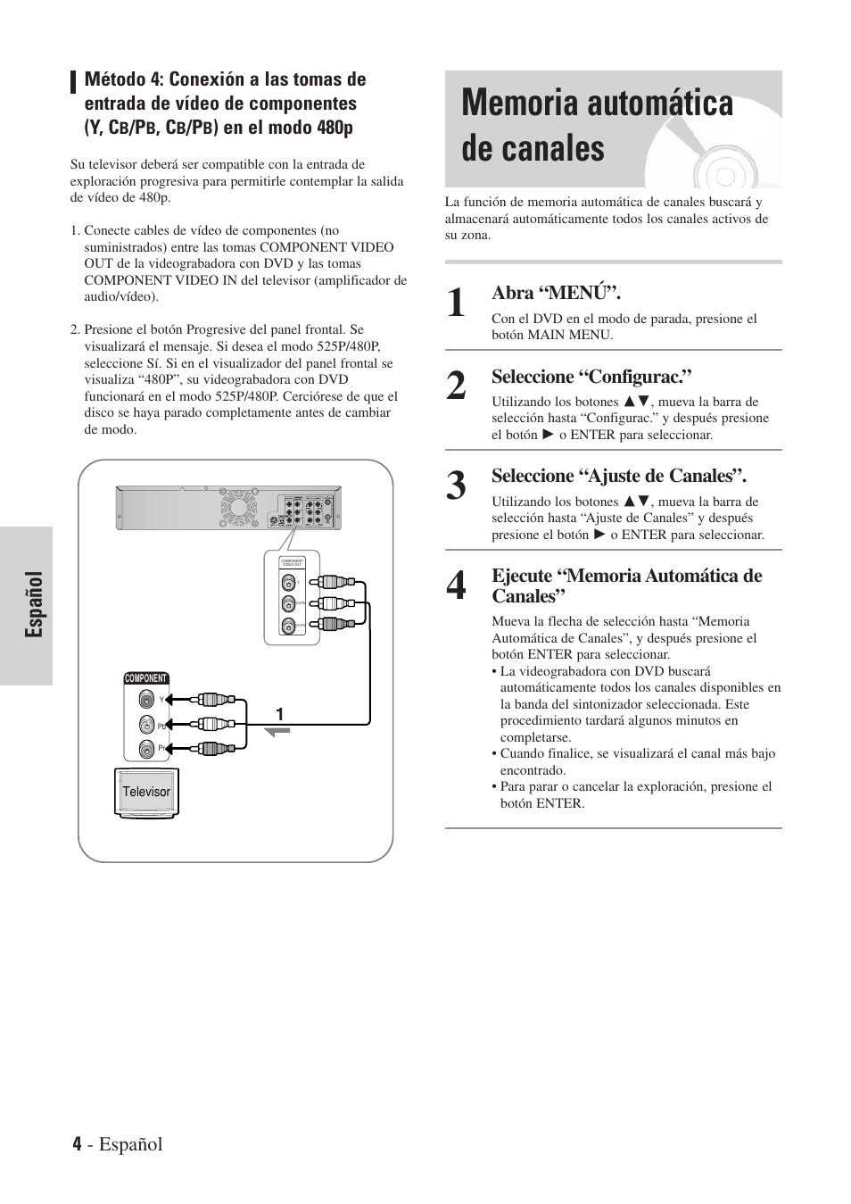 Español, En el modo 480p, 4 - español | Abra “menú, Seleccione “configurac, Seleccione “ajuste de canales | Hitachi DVRF7U User Manual | Page 108 / 120