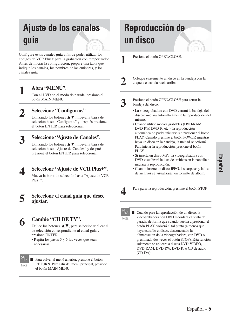 Ajuste de los canales guía, Reproducción de un disco | Hitachi DVRF7U User Manual | Page 109 / 120