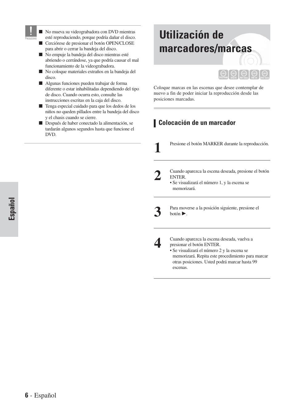 Utilización de marcadores/marcas, Español, 6 - español | Colocación de un marcador | Hitachi DVRF7U User Manual | Page 110 / 120