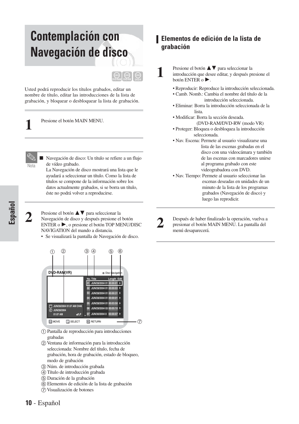 Contemplación con navegación de disco, Español, Elementos de edición de la lista de grabación | 10 - español | Hitachi DVRF7U User Manual | Page 114 / 120