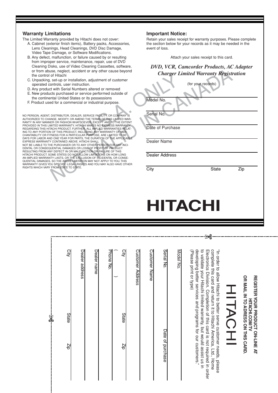 U. s.a. onl y no t v alid in canad a, Hitachi, Hit a c h | Hitachi DVRF7U User Manual | Page 117 / 120