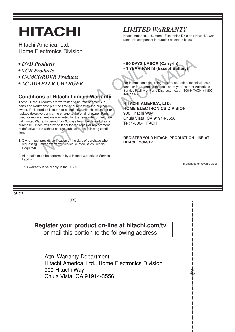 U. s.a. onl y no t v alid in canad a, Hitachi | Hitachi DVRF7U User Manual | Page 118 / 120
