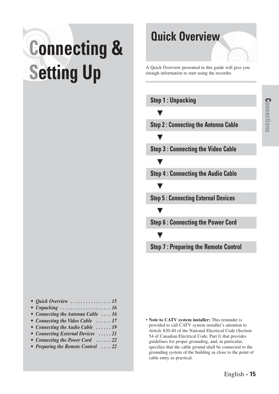 Connecting & s etting up, Quick overview | Hitachi DVRF7U User Manual | Page 15 / 120