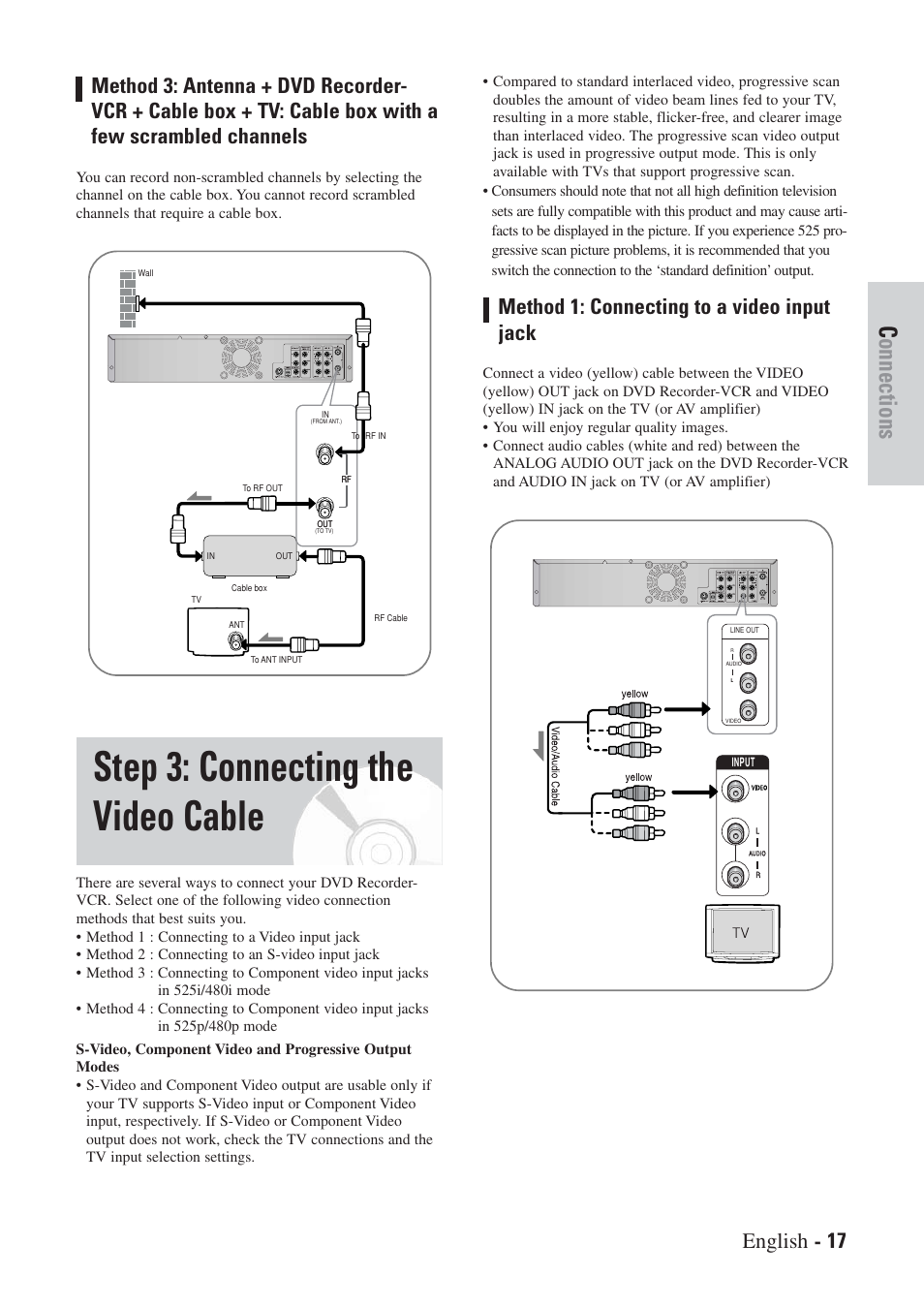 Step 3: connecting the video cable, Connections, Method 1: connecting to a video input jack | Hitachi DVRF7U User Manual | Page 17 / 120