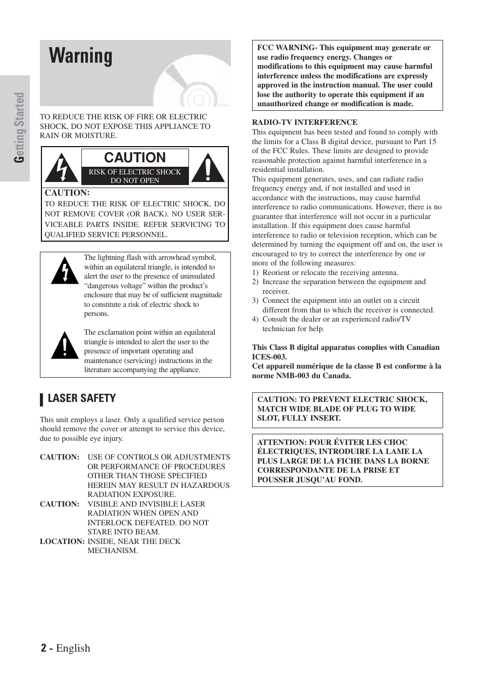 Warning, Caution, Getting started | 2 - english, Laser safety | Hitachi DVRF7U User Manual | Page 2 / 120
