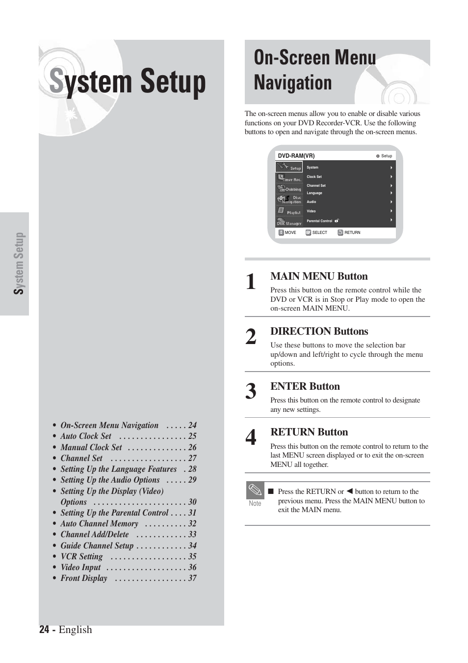 On-screen menu navigation, System setup | Hitachi DVRF7U User Manual | Page 24 / 120