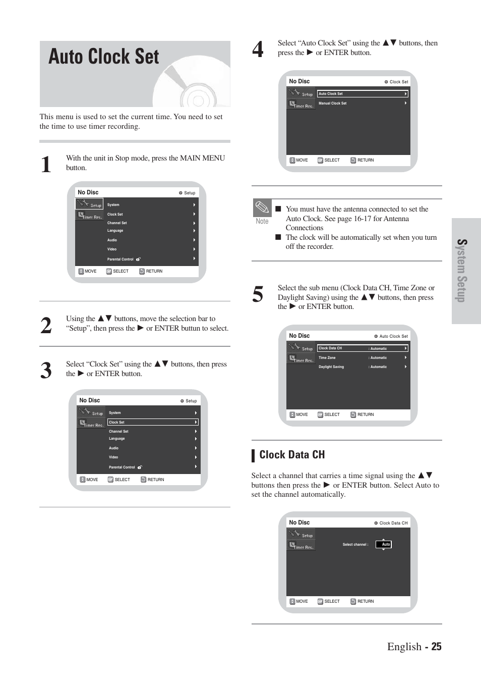 Auto clock set, System setup, English - 25 | Clock data ch | Hitachi DVRF7U User Manual | Page 25 / 120
