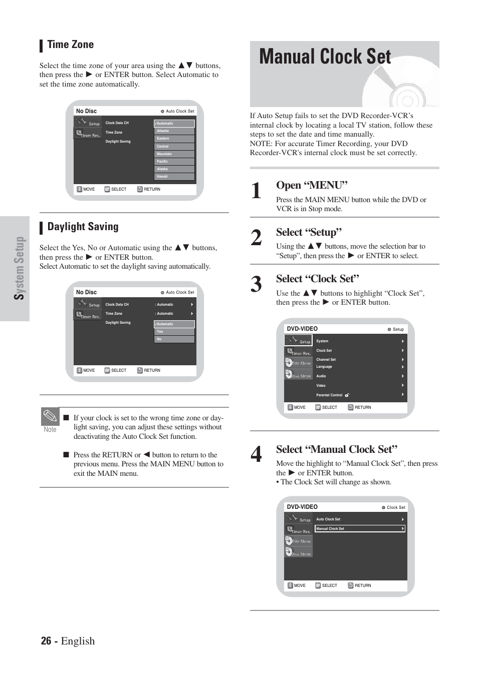 Manual clock set, System setup, 26 - english | Time zone, Daylight saving, Open “menu, Select “setup, Select “clock set, Select “manual clock set | Hitachi DVRF7U User Manual | Page 26 / 120
