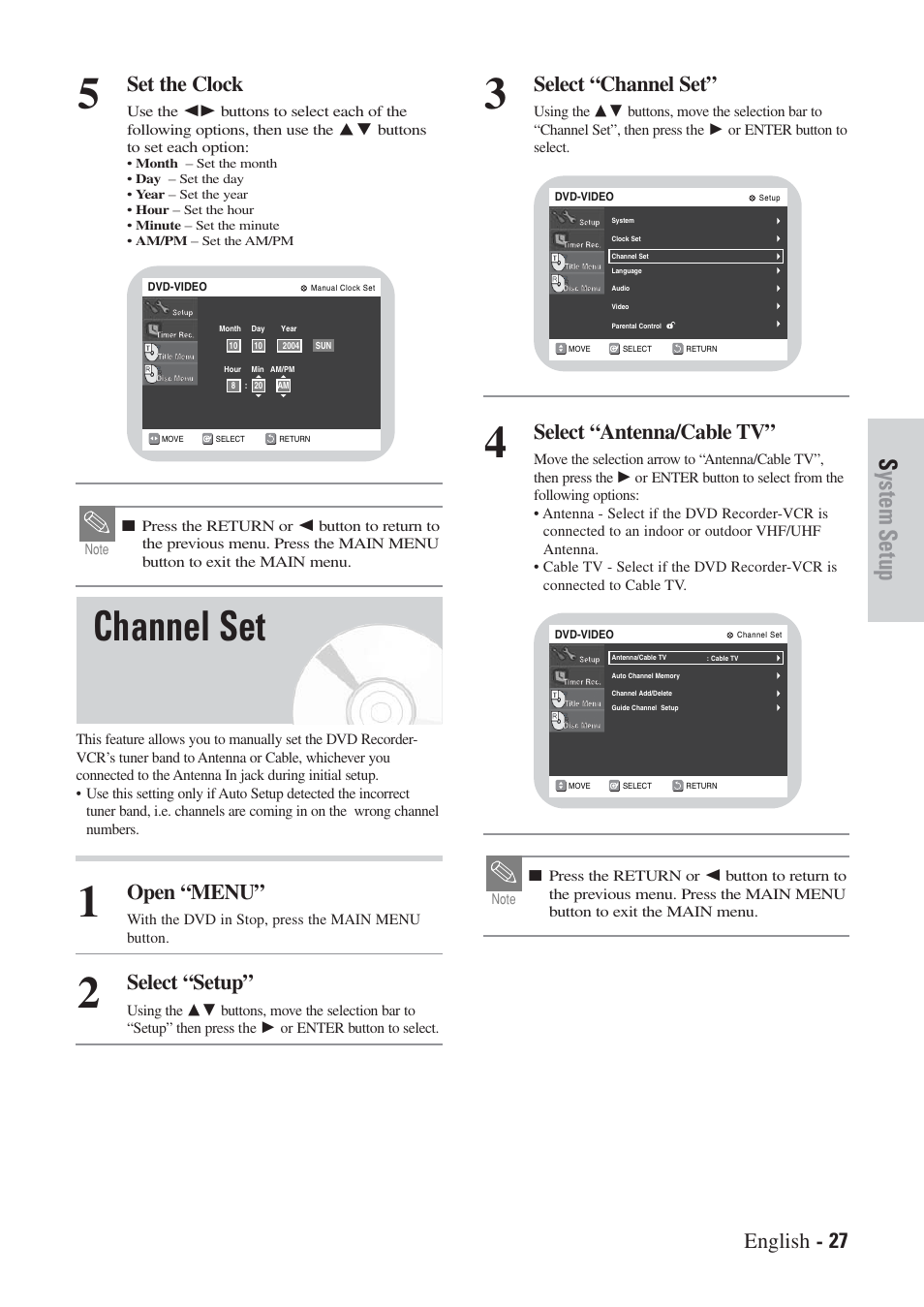 Channel set, System setup, English - 27 | Set the clock, Open “menu, Select “setup, Select “channel set, Select “antenna/cable tv | Hitachi DVRF7U User Manual | Page 27 / 120