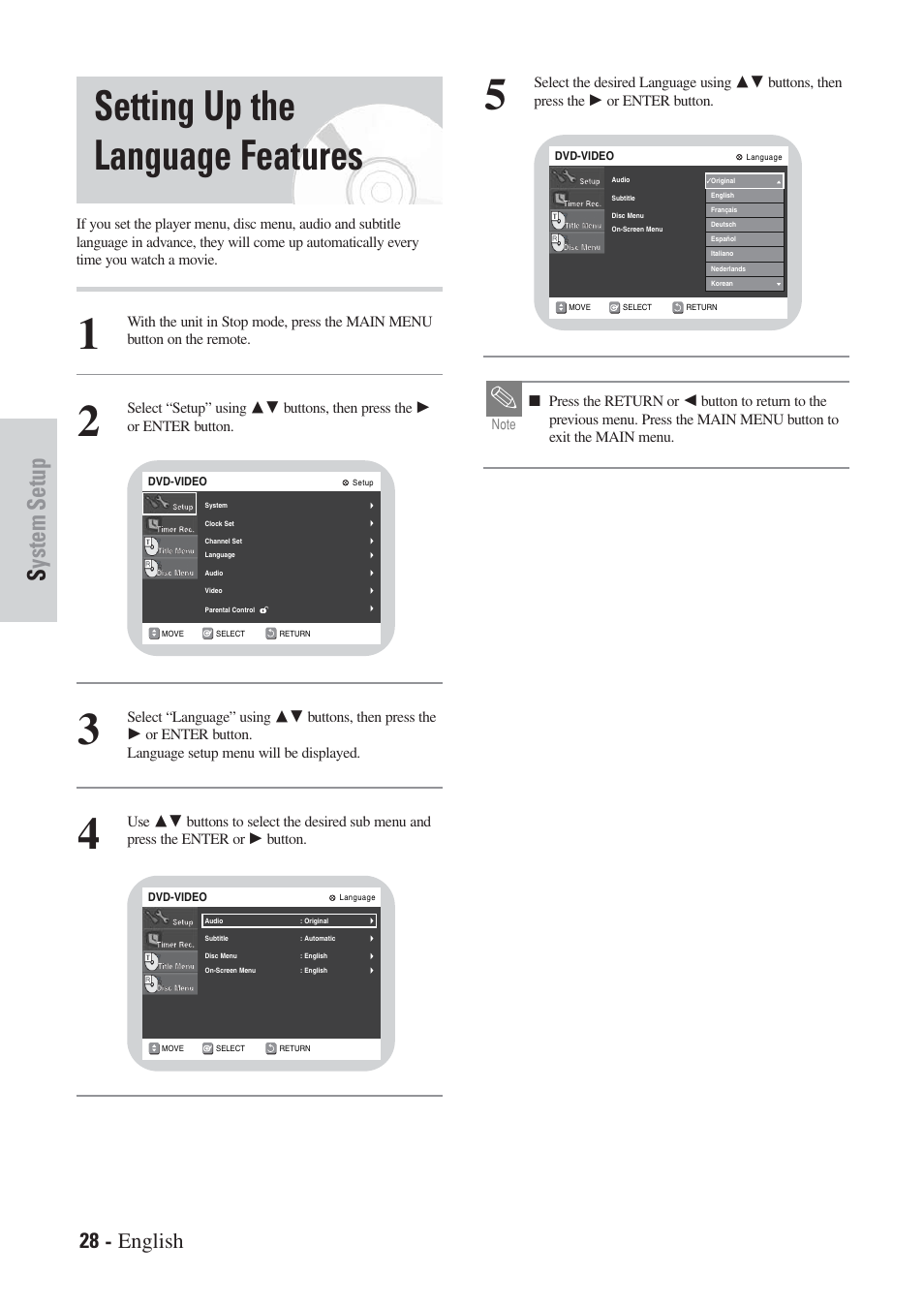 Setting up the language features, System setup, 28 - english | Hitachi DVRF7U User Manual | Page 28 / 120