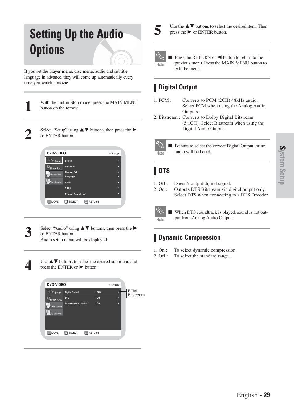 Setting up the audio options, System setup, English - 29 | Digital output, Dynamic compression | Hitachi DVRF7U User Manual | Page 29 / 120