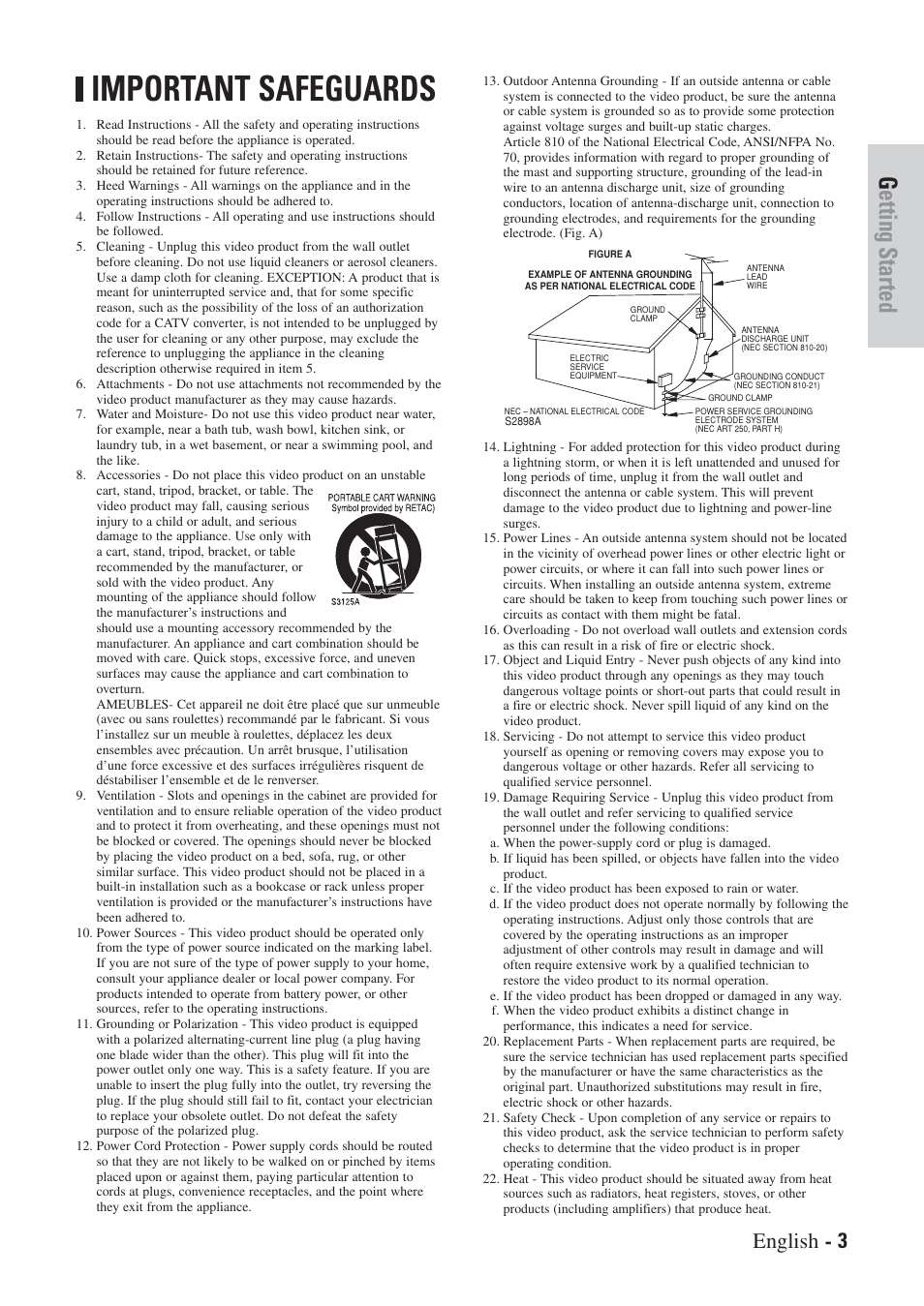 Important safeguards, Getting started, English - 3 | Hitachi DVRF7U User Manual | Page 3 / 120